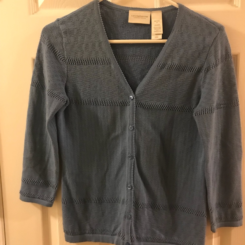 Liz Claiborne cardigan, steel blue, 100% cotton, P